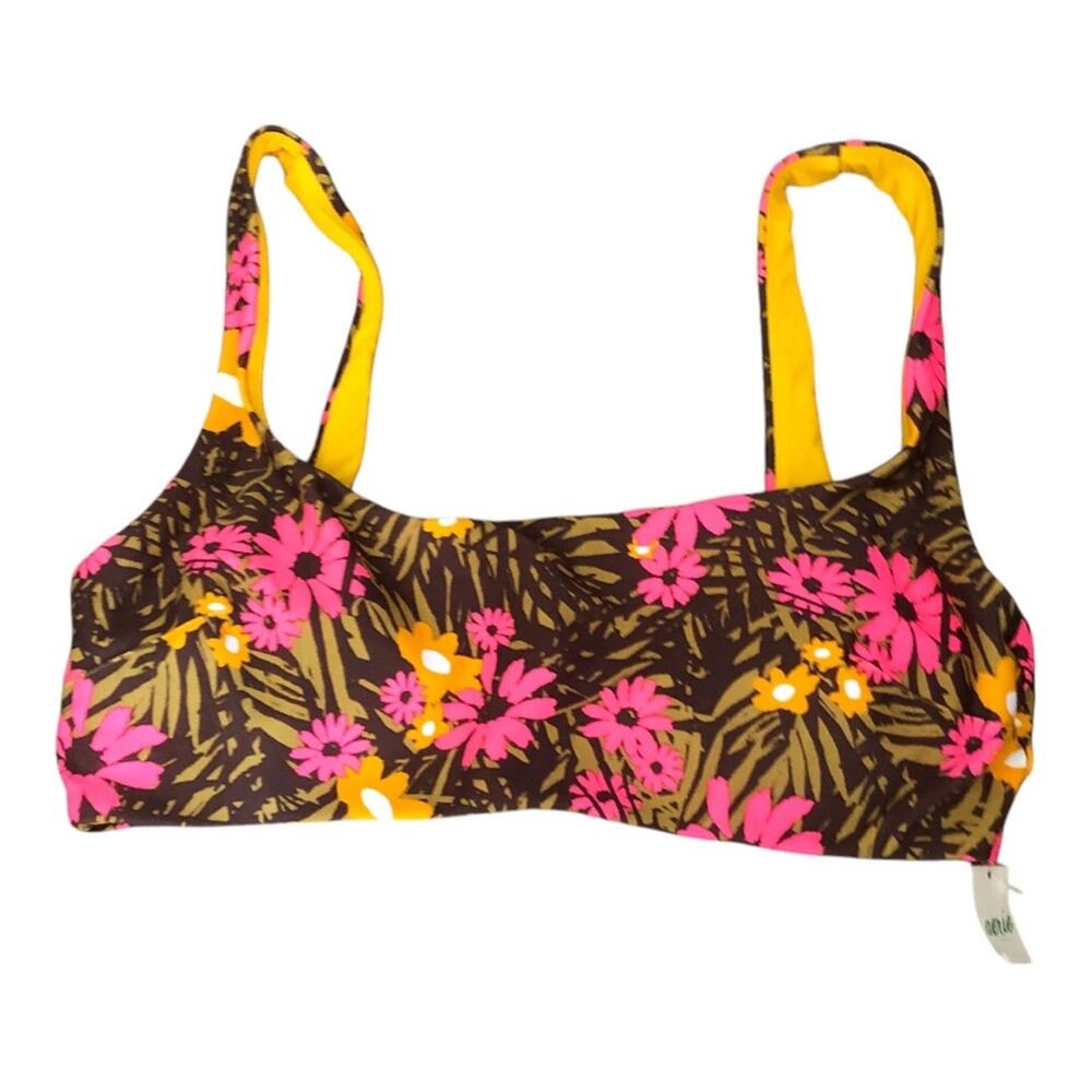Aerie NWT Scoop Bikini Top Tropical Floral Green Hot Pink Gold Removable Pads LG